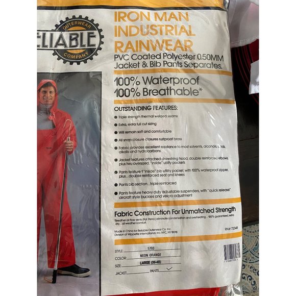 Reliable Outerwear Iron Man Industrial Rainwear Bib Pants Neon Orange Large New - Picture 8 of 9